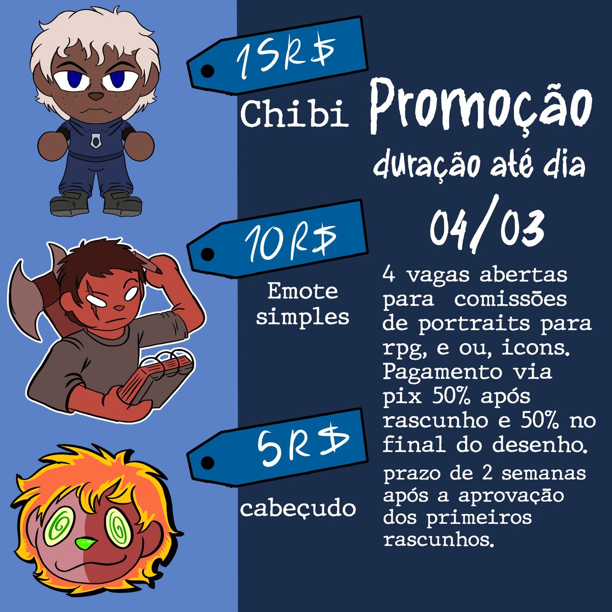evan_Raidenn's tweet photo. Promoção final de fevereiro!!
Apenas 4 vagas, garanta a sua!!
#BrArt #ComisionOpen https://t.co/4mRrdNMuQ2