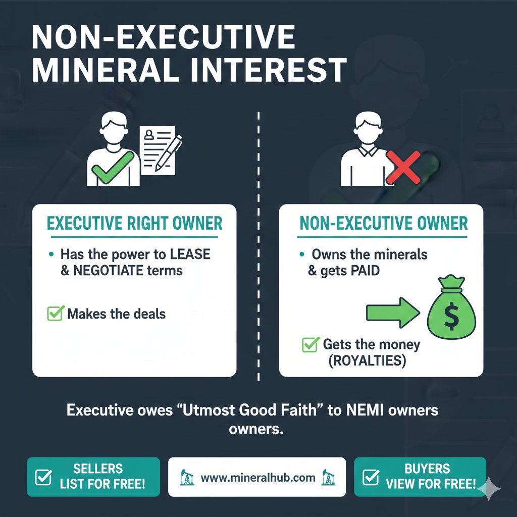 MineralHub's tweet photo. Do you own the minerals, but not the "say"? ✍️🚫

You might have a Non-Executive Mineral Interest (NEMI). This means you own the rights to the oil and gas (and the money they generate!), but you don't have the "Executive Right" to negotiate or sign the lease. Someone else makes the deal for you.

While it sounds frustrating, there is an "Utmost Good Faith" duty—the person signing the lease is legally required to get a fair deal for you. It’s a common setup in inherited property, but knowing where you stand is key to protecting your wallet! 💰

Find out more about managing your mineral rights at The Mineral Hub! 

✅ Sellers: List for FREE. ✅ Buyers: View for FREE.
Know your rights at 🌐 https://t.co/RUT4pAGZiu

#MineralRights #OilAndGas #LandownerTips #NEMI #MineralHub #RealEstate #PassiveIncome