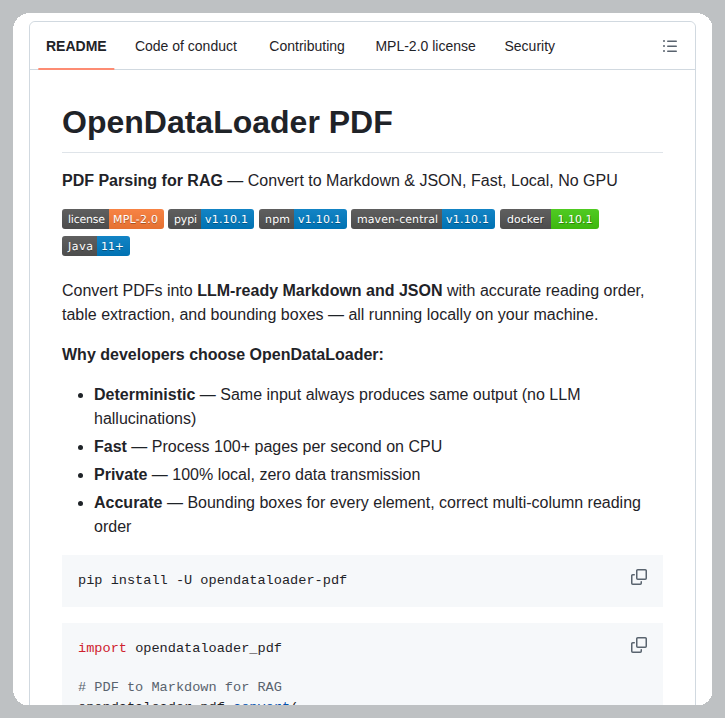 Converts PDFs to Markdown at 100 pages per second on CPUs

github.com/opendataloader…