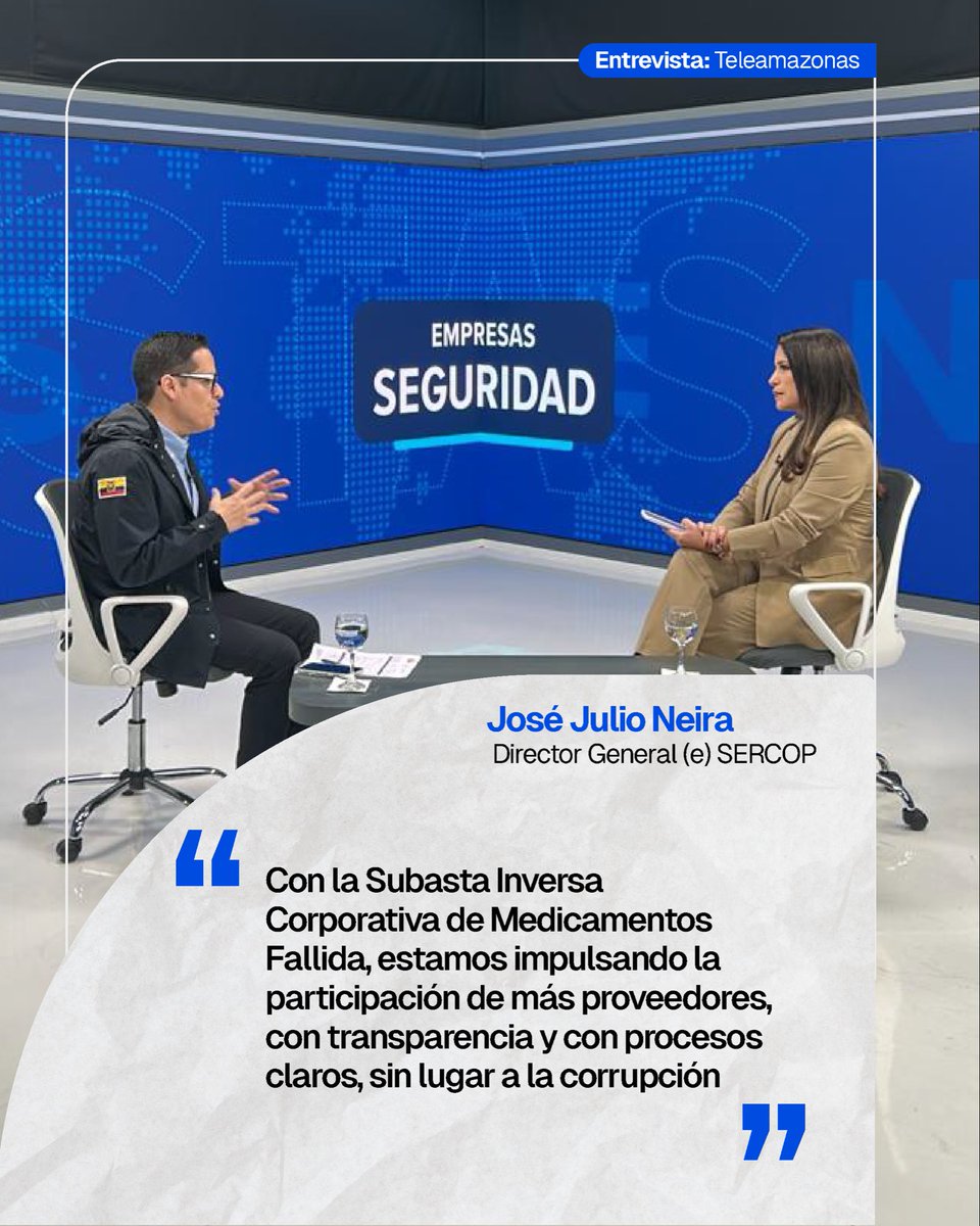 ¡Los ecuatorianos merecemos una #ContrataciónPúblicaEficiente! 

Hoy, en diálogo con @Teleamazonas24H , explicamos cómo avanza la Subasta Inversa Corporativa de Medicamentos Fallida 2026, un proceso que busca agilizar la adquisición de medicamentos y promover la participación de