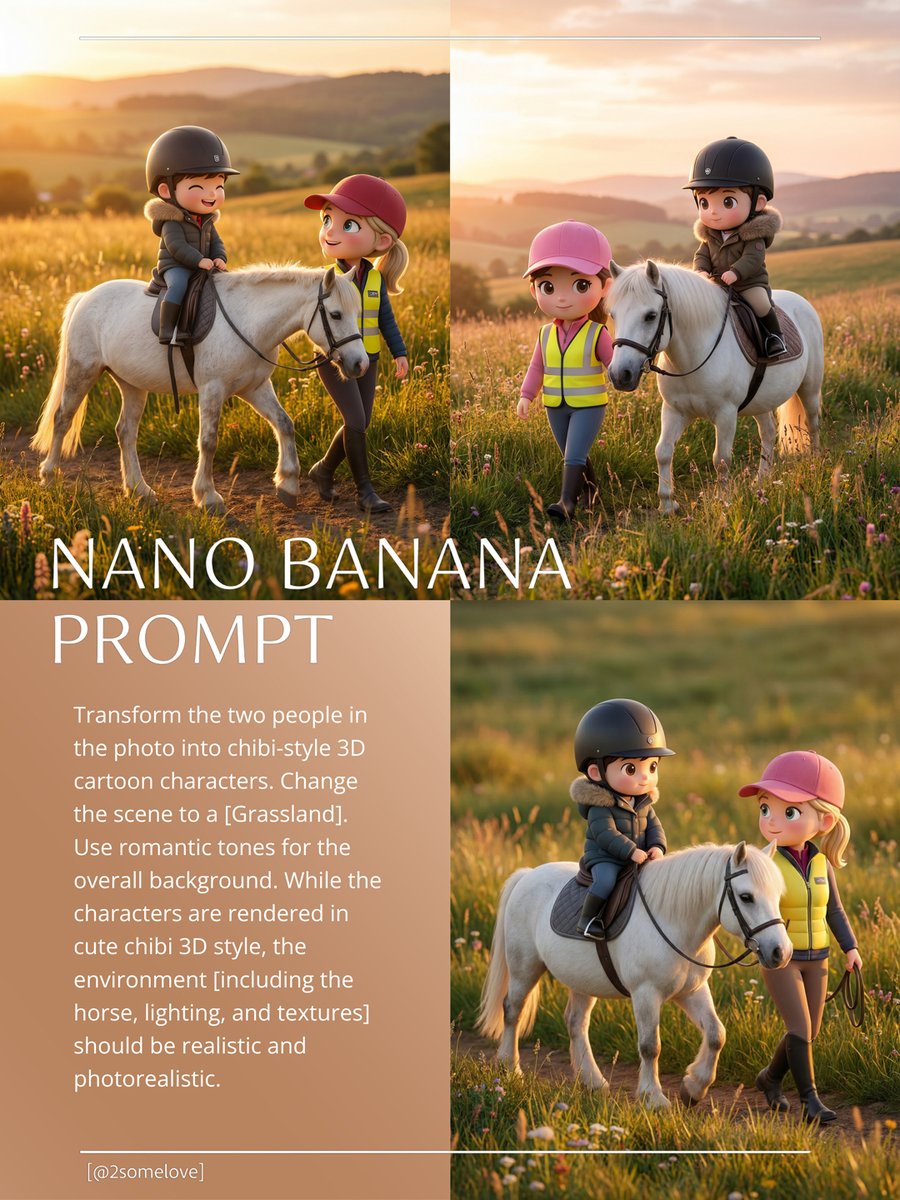 2somelove's tweet photo. ✨ Super Cute Chibi 3D ~ Dreamy Grassland Ride
🎨 Step 1: Upload A photo.
📸 Step 2: Copy the prompt below.
#NanoBananaPro #AIDrawing #AIPortrait #HealingPhotography #PromptSharing #AIMagic
#CreativeStudio #3DDoll #Polaroid #CreativePhotography https://t.co/w4py1AvZxz