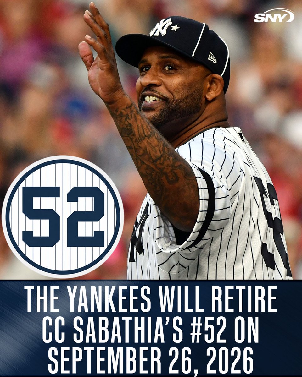 CC Sabathia will have his number retired and get a plaque in Monument Park on September 26, 2026!

Congratulations, CC! 5️⃣2️⃣