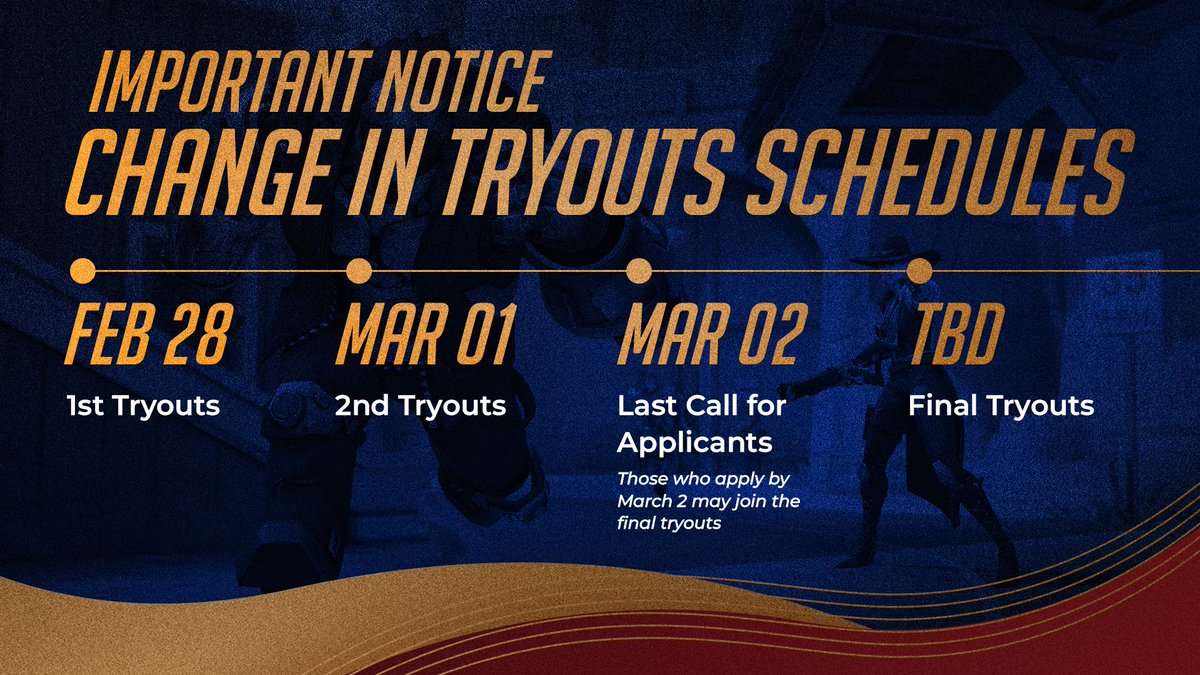 🔔 ATTENTION: Tryouts are pushed up to an EARLIER date due to timeline shifts. Please be guided accordingly.

Feb 28: 1st Tryouts
Mar 01: 2nd Tryouts
Mar 02: Last Call for Applicants
TBD: Final Tryouts

Those who applied before this announcement have been informed of the changes.