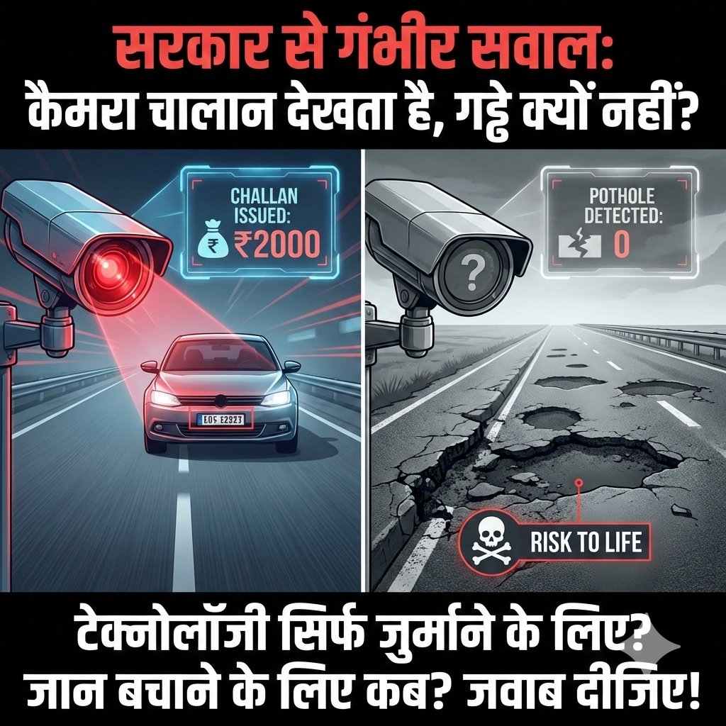 हमें सरकार से एक गंभीर सवाल पूछना है 🧐👇👇

कैमरा में तो यह दिख जाता है कि किस गाड़ी का चालान काटना लेकिन यह क्यों नहीं दिखता की सड़क में गड्ढे कितने हैं ❓

क्या टेक्नोलॉजी केवल जुर्माना वसूलने के लिए है ❓❓
 लोगों की जान बचाने के लिए इसका इस्तेमाल कब होगा👏👏❓ जवाब दीजिए