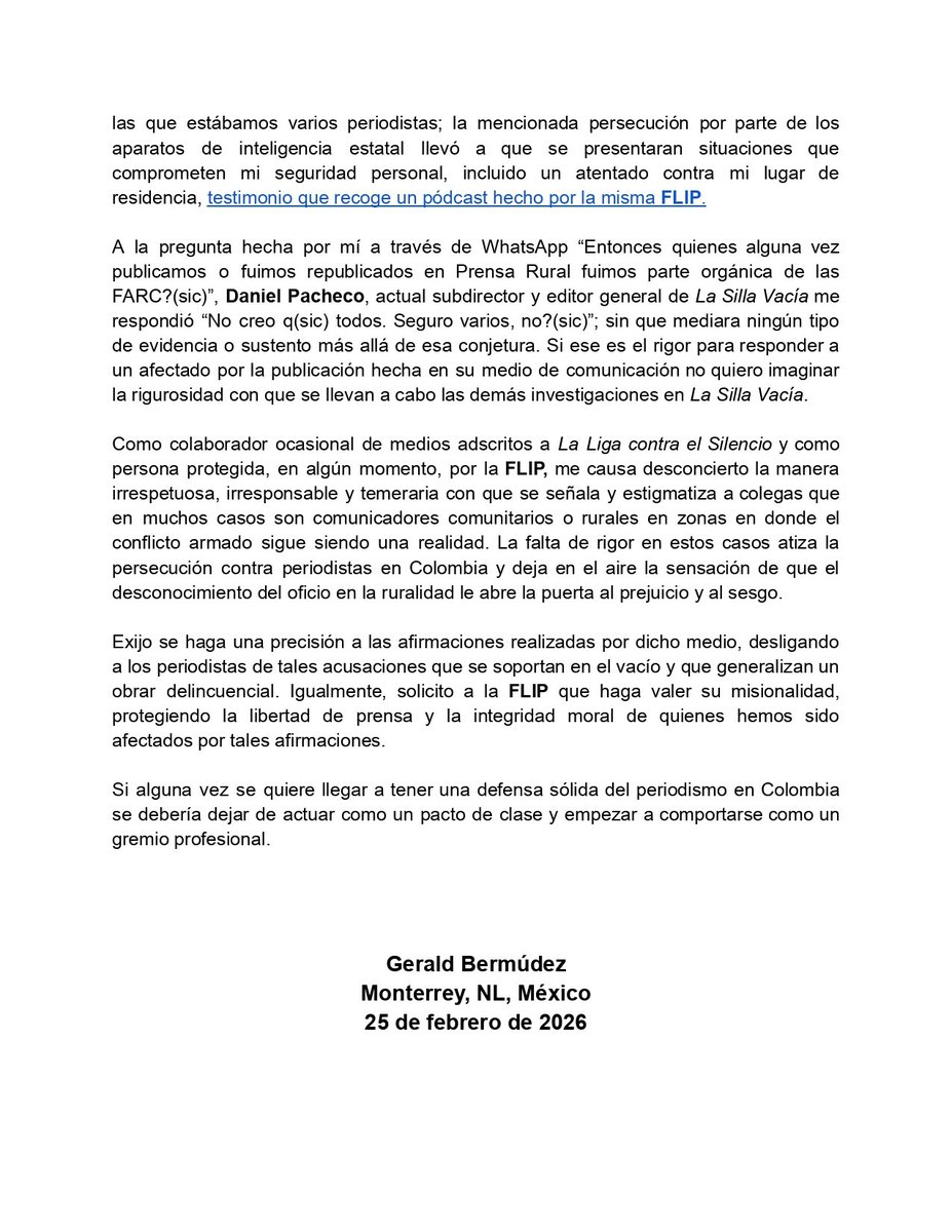 Por medio de esta  carta publica exijo a <a href="/lasillavacia/">La Silla Vacía</a>, a <a href="/LigaNoSilencio/">La Liga Contra el Silencio</a> y a la <a href="/FLIP_org/">Fundación para la Libertad de Prensa (FLIP)</a>  cesen las estigmatizaciones en contra de quienes alguna vez publicamos en <a href="/PrensaRural/">Agencia Prensa Rural</a>
