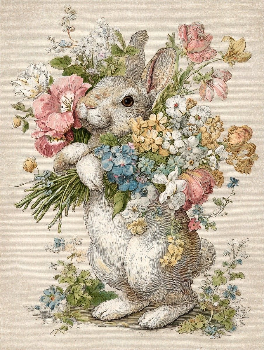Artistic Illustration | Bunny Holding Flowers