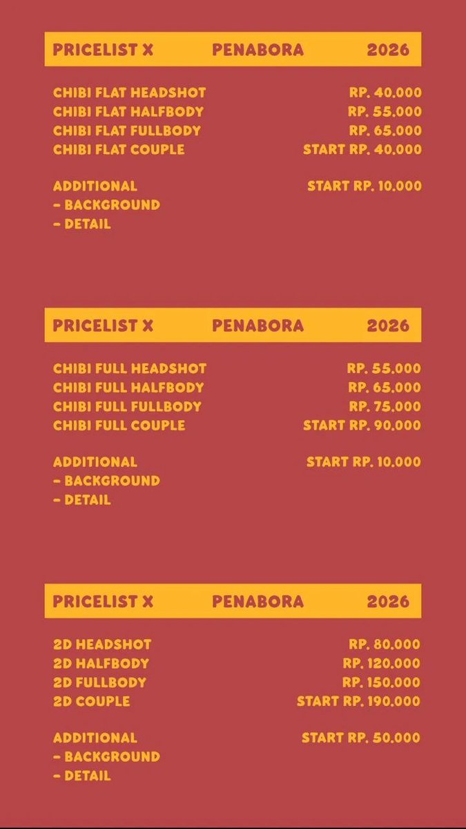 penaboraa's tweet photo. PRICELIST OPEN COMMISSION PENABORA - 2026.

#TestiPenaBora
#WIP_PenaBora
#Commission_Penabora 

CURRENCY INDONESIAN RUPIAH - IDR / Rp. https://t.co/k3gLx7Fem5