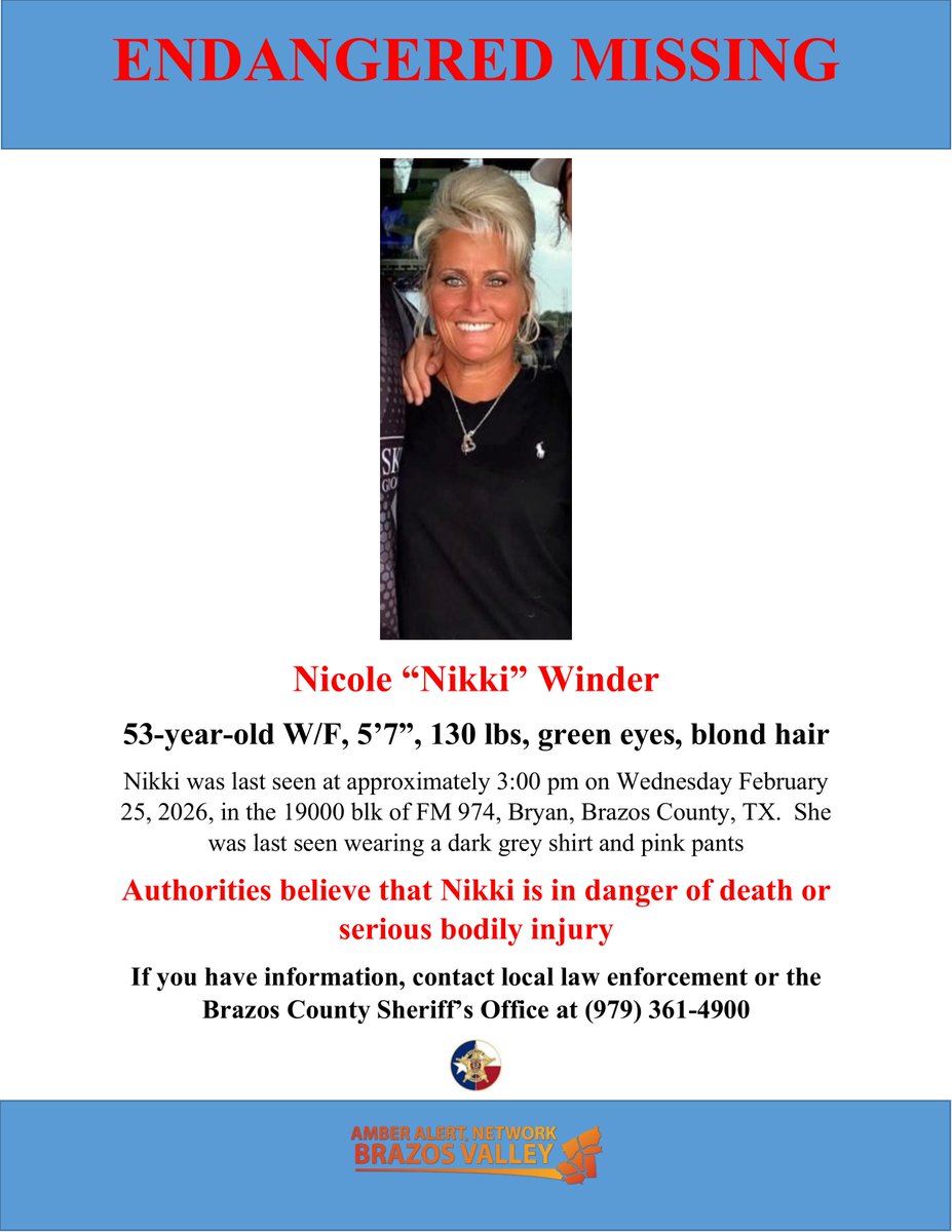 AANBVTX's tweet photo. #EndangeredMissing #BrazosCounty 53 year old Nicole "Nikki" Winder has been reported missing to the @BrazosCoSheriff.  She was last seen at 3 pm 2/25/26 in the 19000 blk of FM 974, Brazos County, TX.  It is believed that she is in danger of death/serious bodily injury https://t.co/s3nhO16Tgn
