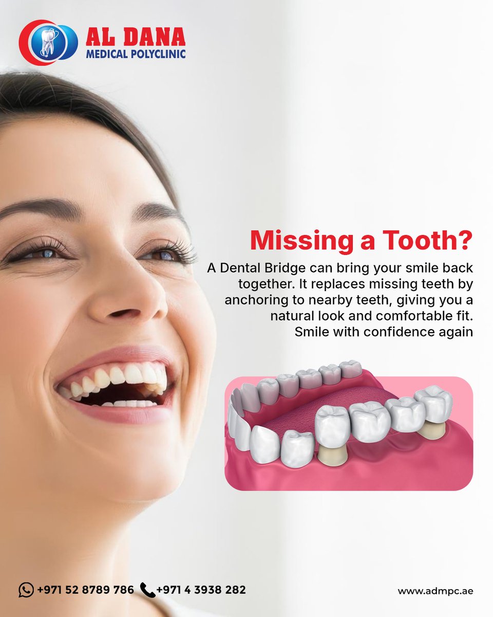 admpcae's tweet photo. Missing a tooth? A dental bridge can restore your smile and confidence with a natural, comfortable fit. 🦷✨ Book your consultation today!
#DentalBridge #SmileRestoration #HealthySmile #AlDanaMedical #DentalCare https://t.co/nQrFZsYFwt