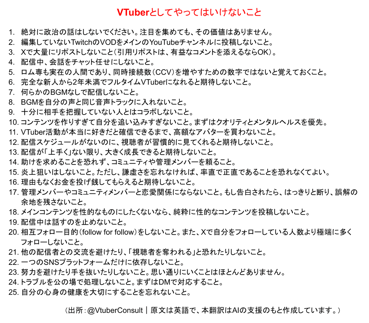 SayaVTuberJP's tweet photo. ◥◣VTuberとしてやってはいけないこと◢◤
という内容が海外の方によって投稿され、中国語圏のVTuberの間で議論になっています。

VTuberが圧倒的に多い日本においても、一度考えてみる価値のある内容かもしれないと思い、和訳を作成しました。

私としては、「ちょっと違うかも？」と感じる部分もあれば、「本当にその通りだな」と強く共感する内容もあります。

そして、一番大事なのは25番だと思います！
1番に移動したいくらい重要です。
/／
自分の心身の健康を大切にすることを忘れないこと。
\＼
どんなことでもそうですが、まずは自分の状態を整えてこそ、うまくいくものですよね❣️

👉 今夜は配信で一緒にお話ししましょう（笑）
あとで配信枠を公開しますね♪

#VTuber #Vtuber準備中 #海外の反応