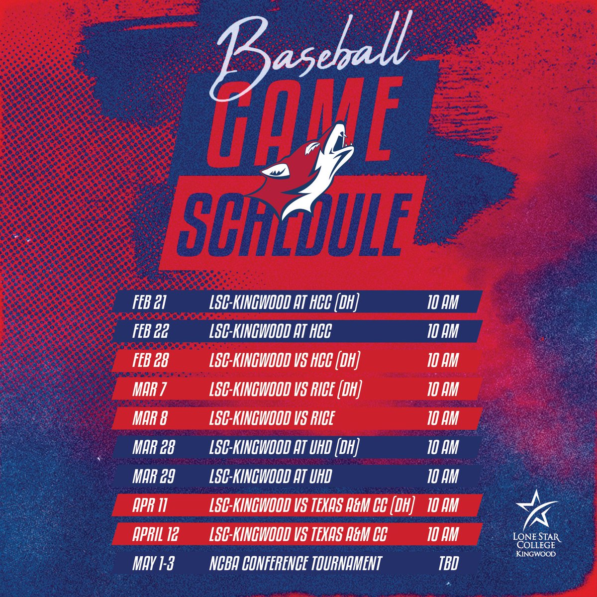 CoyotesBasebal1's tweet photo. Lone Star College Kingwood Coyotes Baseball... 2026 schedule. Catch the Action! Go, Coyotes! https://t.co/Ns9hz0OPI2