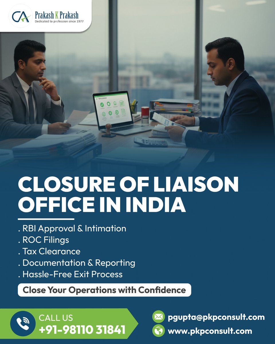 pkpconsult_'s tweet photo. Closure of Liaison Office in #India – Hassle-Free Exit Process! 🏢🔚
📞 +91-9811031841
🌐 https://t.co/g8IQfdhFk9
Close your operations seamlessly with #PrakashKPrakash!
#LiaisonOfficeClosure #RBIApproval #ROCFilings #TaxClearance #ExitProcess #BusinessClosure #Compliance https://t.co/06Db751yYv