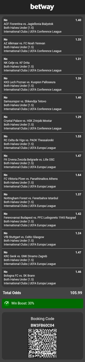 Let's do it again
 Sportybet: 3UUCE8
148 odds 
Betway:BW3FB60C04
105 odds 

Same games, one market.
