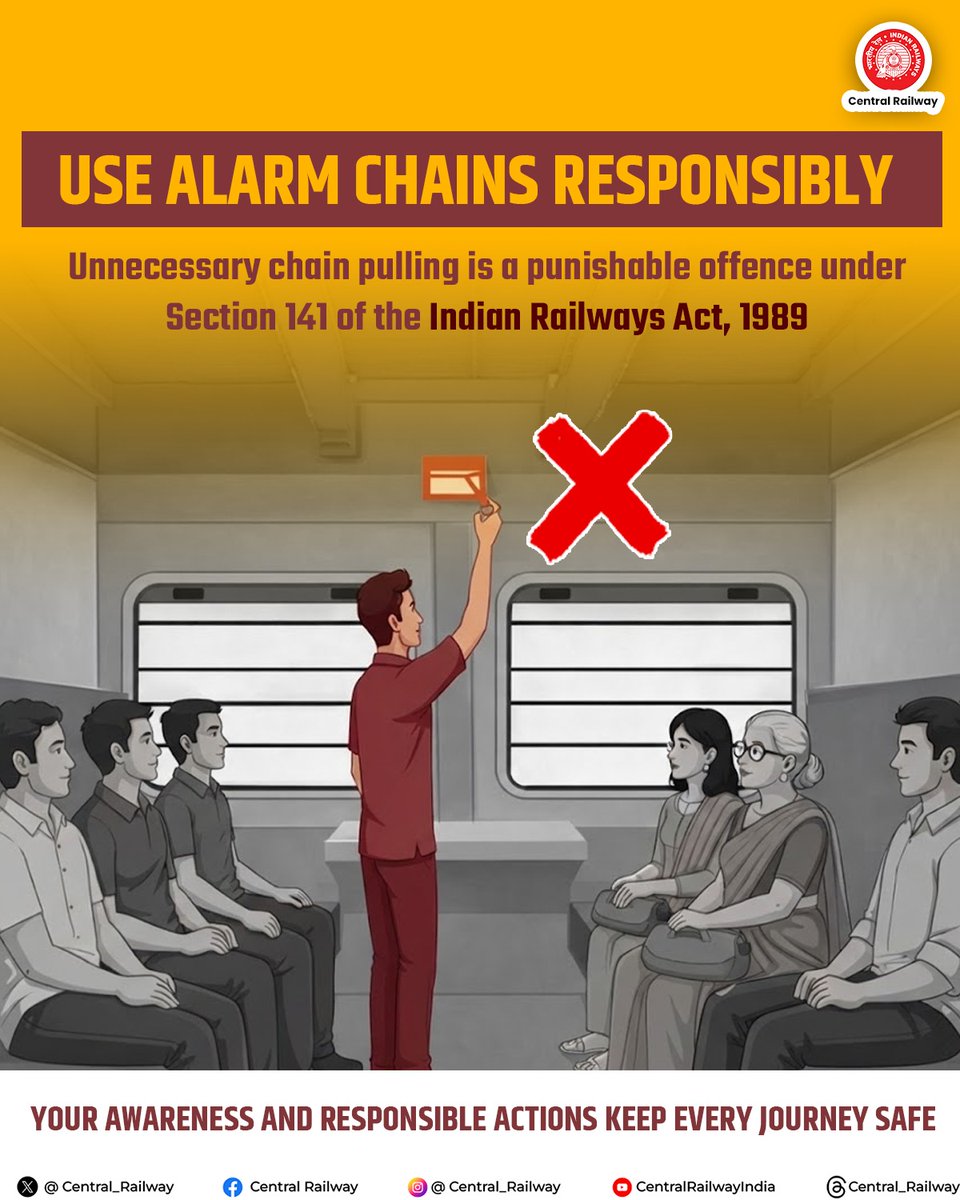 Central_Railway's tweet photo. 🚆 Travel Responsibly, Use the Alarm Chain Wisely! ⚠️
Use the alarm chain only in real emergencies 🚨
Unnecessary chain pulling is punishable under Section 141 of the Railways Act, 1989.
#CentralRailway #AlarmChainPulling #ResponsibleRailYatri https://t.co/4rzdZ80Rm0