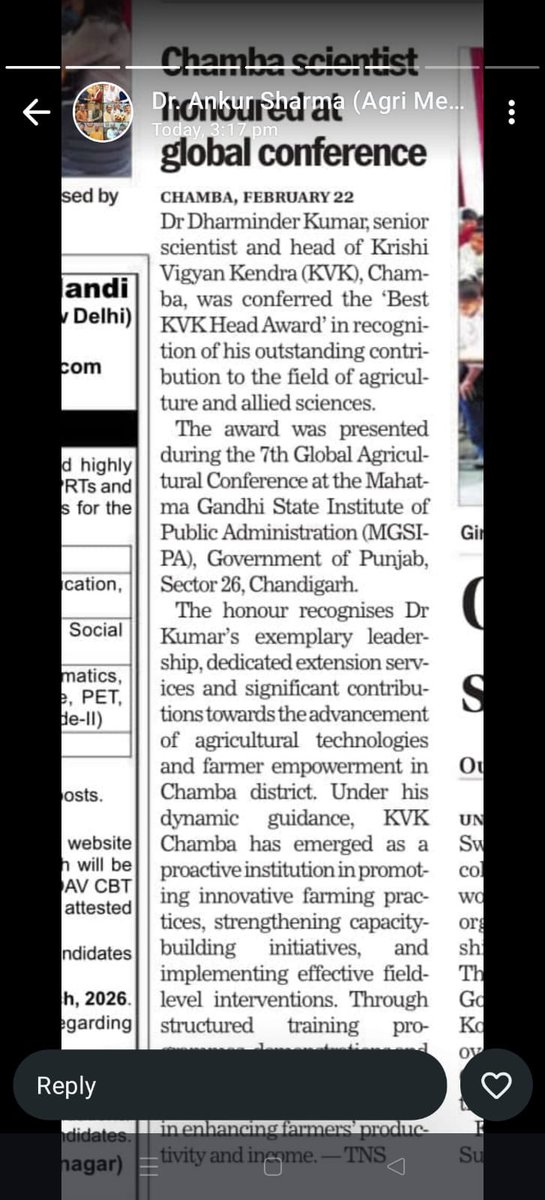 ChambaKVK's tweet photo. Dr. Dharminder Kumar honored with the “Best KVK Head Award” at the 7th Global Agricultural Conference for his outstanding contribution to agriculture and farmer empowerment. 🌱 #icar @icarindia @Nauniuniversity #nauniuniversity https://t.co/bpOG7EcLID