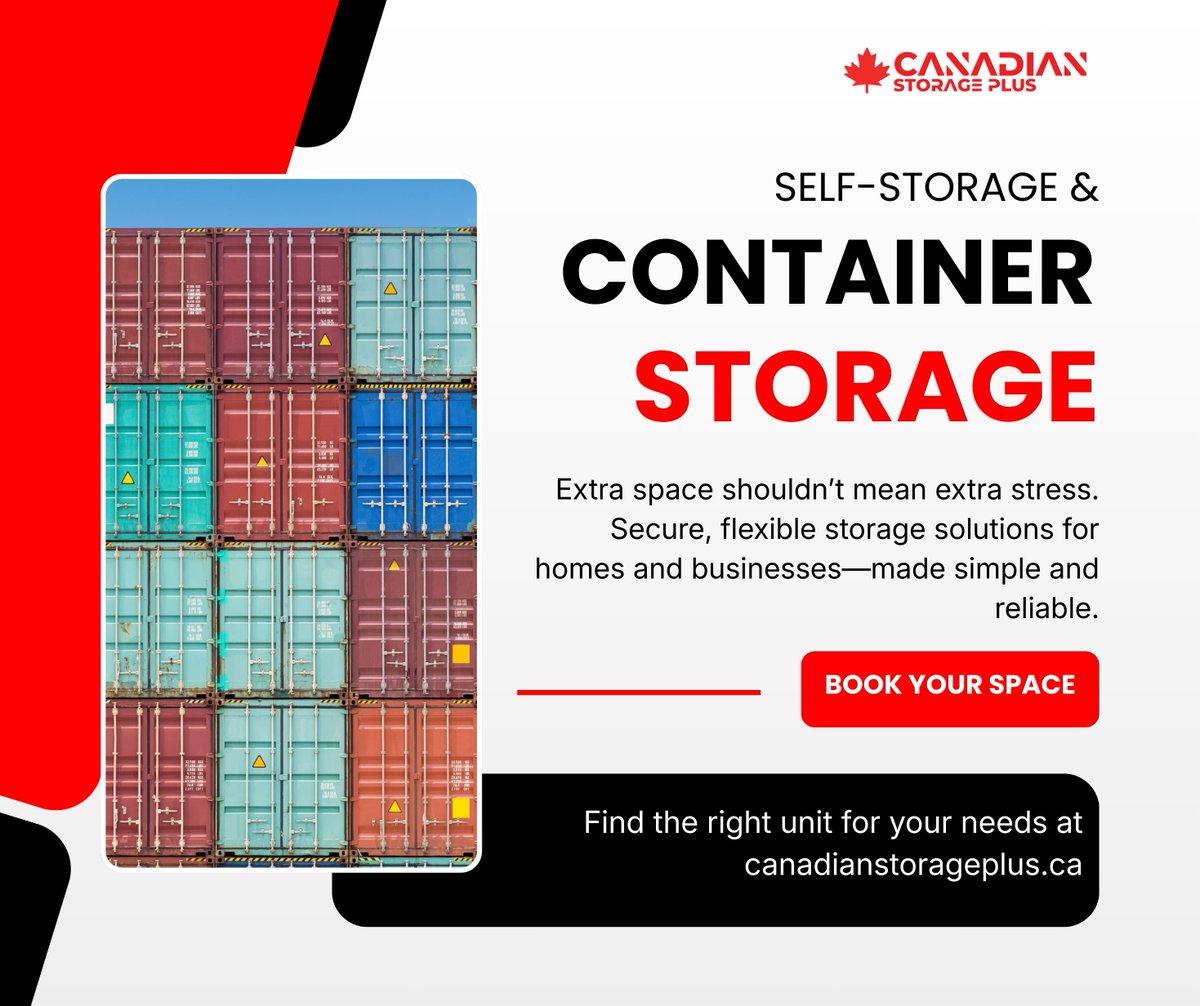 StoragePlusCA's tweet image. Need extra space without the stress? 🇨🇦 Canadian Storage Plus offers secure, flexible self-storage and container storage for homes and businesses.  Safe. Simple. Reliable. Book your space today 👉 canadianstorageplus.ca  #SelfStorageCanada #ContainerStorage #ExtraSpace