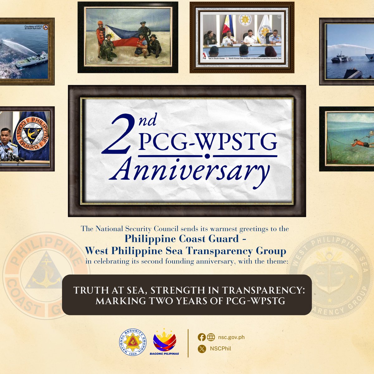 NSCPhil's tweet photo. The NSC sends its warmest greetings to the PCG-WPSTG (@wpstransparency) as it marks two years of dedicated service in bringing truth and advocating transparency towards securing our nation.
Mabuhay ang PCG-WPSTG!
#NSCPhilippines
#PhilippineCoastGuard
#WPSTransparency https://t.co/LFHzkbxk09
