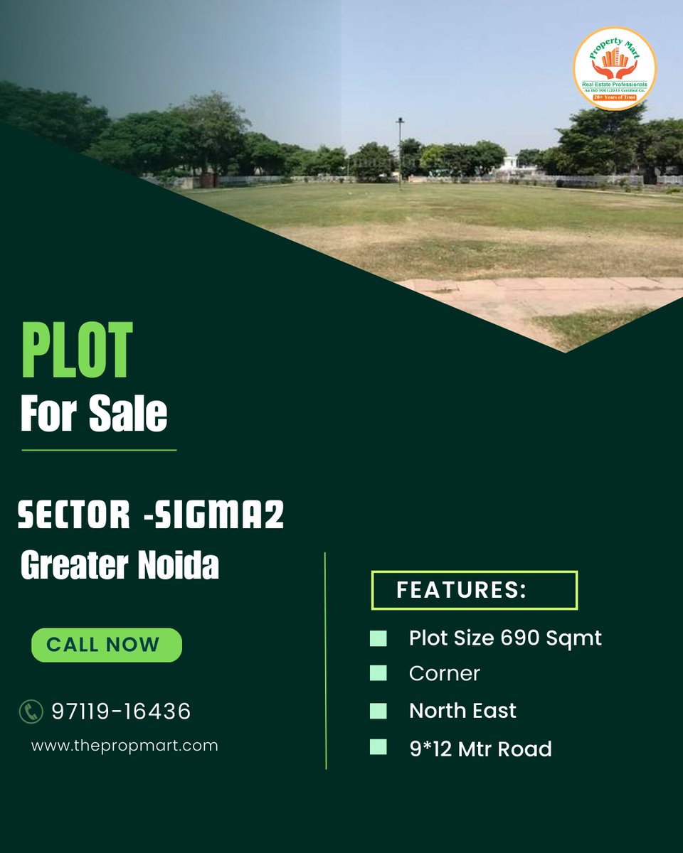 Property_Mart's tweet image. 🏡 Corner Plot for Sale | Sigma-2, Greater Noida
690 Sqmt | North-East Facing | 9m &amp;amp; 12m Wide Roads
Prime residential location with strong appreciation potential.

📞 Call: 97119-16436
#Sigma2 #GreaterNoida #CornerPlot #PlotForSale  #NoidaRealEstate #PropertyMart
