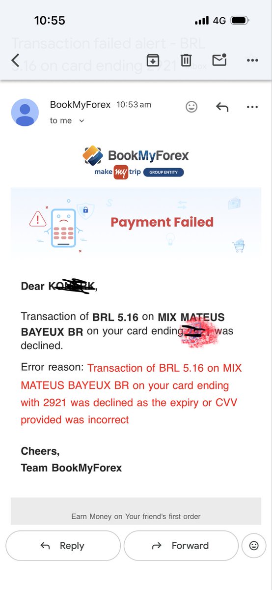 Konarkpanday's tweet photo. @moneycontrolcom The unauthorised dollar, BRL txns continue even today morning (10:53am) on @BookMyForex @YESBANK multi currency card. This is the 7th conscutive day. @RBI @timesofindia @EconomicTimes . Seems no action has been taken yet. https://t.co/4Woe0ZNtCL