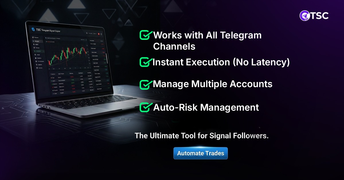 TeleSigCopier's tweet photo. Signals are everywhere.
Execution is where accounts are made or broken.

TSC converts Telegram alerts into structured, rule-based trades inside your account — with configurable sizing, limits, and safeguards.

No delays. No manual copying.
Just controlled automation.