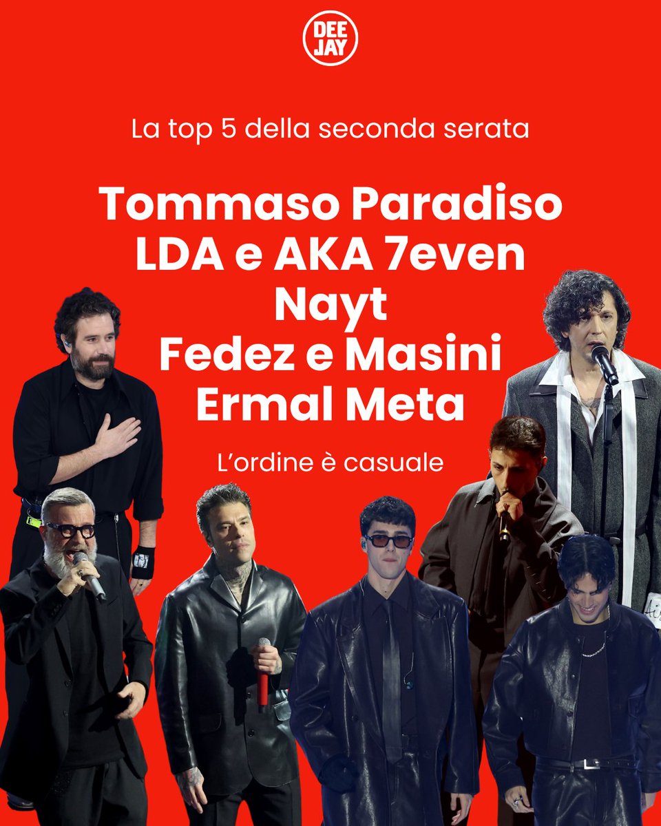 radiodeejay's tweet photo. La classifica della seconda serata, in ordine casuale, votata al 50% dalla giuria delle radio e al 50% dal televoto.

Ti aspettavi questi nomi?

#radiodeejay #news #Sanremo2026 https://t.co/VtZuEXOhBN