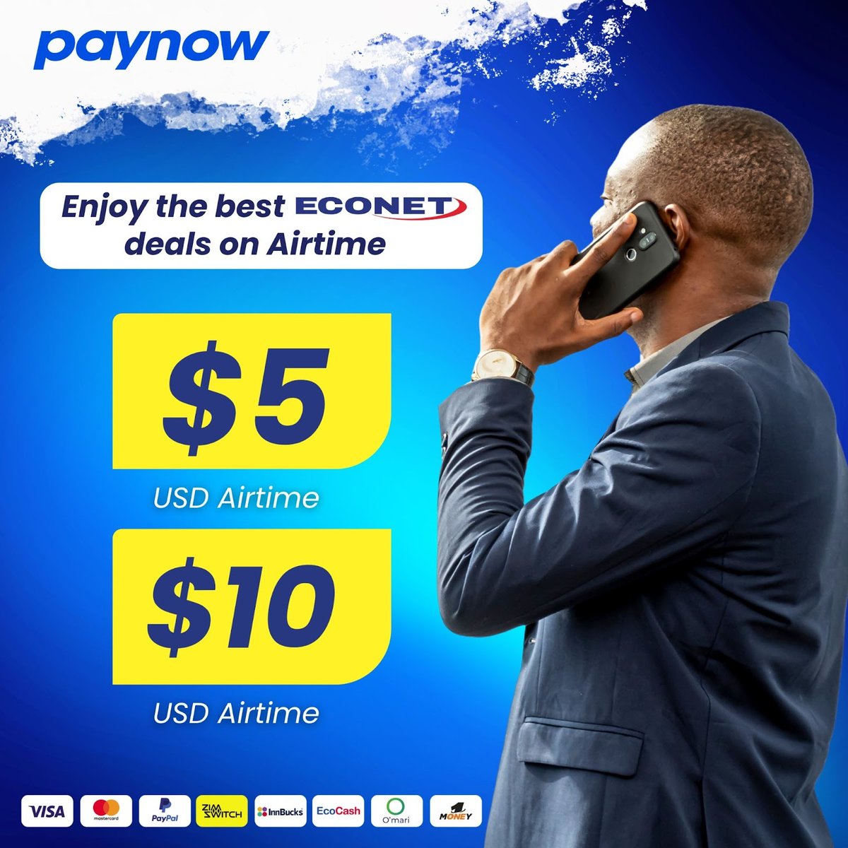 paynowtopup's tweet photo. Talk more, spend less 📱💙
Get the best Econet airtime deals—quick, easy, and right when you need them.
Recharge $5 or $10 USD airtime on #Paynow and stay connected without the hassle. https://t.co/OlcxG5tQaE