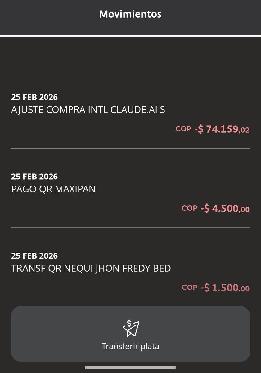EndFreez's tweet photo. @Bancolombia Que está pasando? El 23 de feb. compré mi suscripcion a una IA por 20 USD (Imagen 1), y para colmo el día 25 de feb. me VUELVEN a cobrar otros 20 dólares sin justificación? (Imagen 2)

Y en la imagen 1 hay una supuesta "Compra cuenta ahorro Nacional" que NUNCA hice https://t.co/sEt4X9fvXI