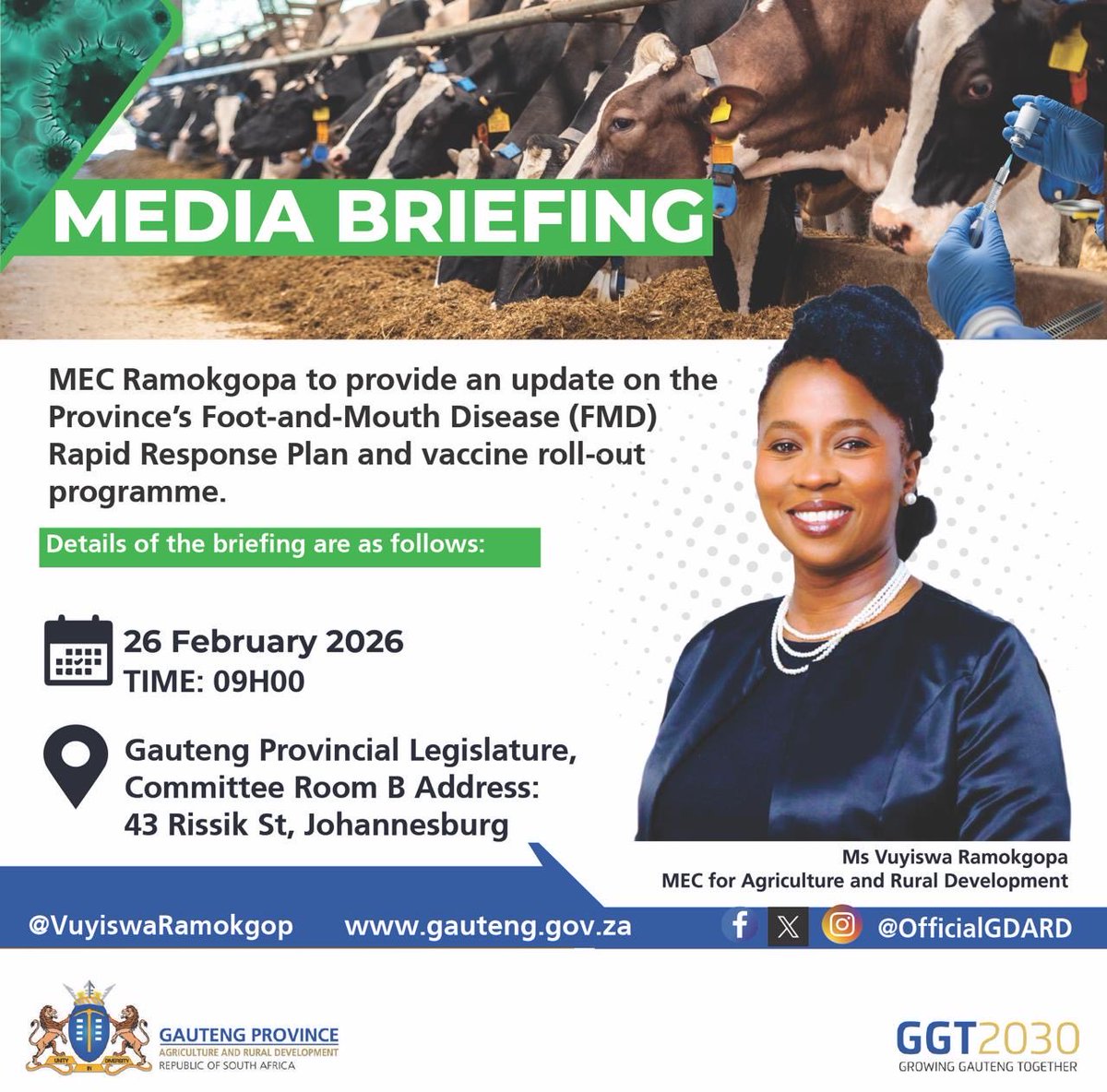 Lawrence_Manaka's tweet photo. Media Briefing: MEC Vuyiswa Ramokgopa on the FMD Response Plan#GDARD #GautengAgriculture #GGT2030 #GautengProvince. #FootAndMouthDisease #FMDUpdate #AnimalHealth #Biosecurity #LivestockFarming #VaccineRollout https://t.co/QikdkYtqge