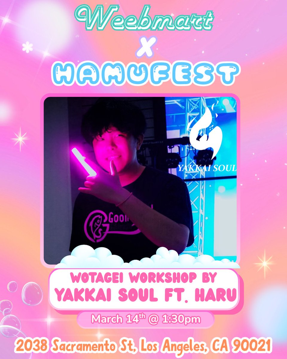 weebmart_moe's tweet photo. Lighting up the stage we have our next talent: @YAKKAISOUL  ✨

YAKKAI SOUL is a SoCal wotagei team lighting up the night! Collabing with haru from GS Waza, we'll show the you light of wotagei!👏

#anime #animeevent #animemarket #cosplay #cosplayevent https://t.co/PtPp0z4h8j