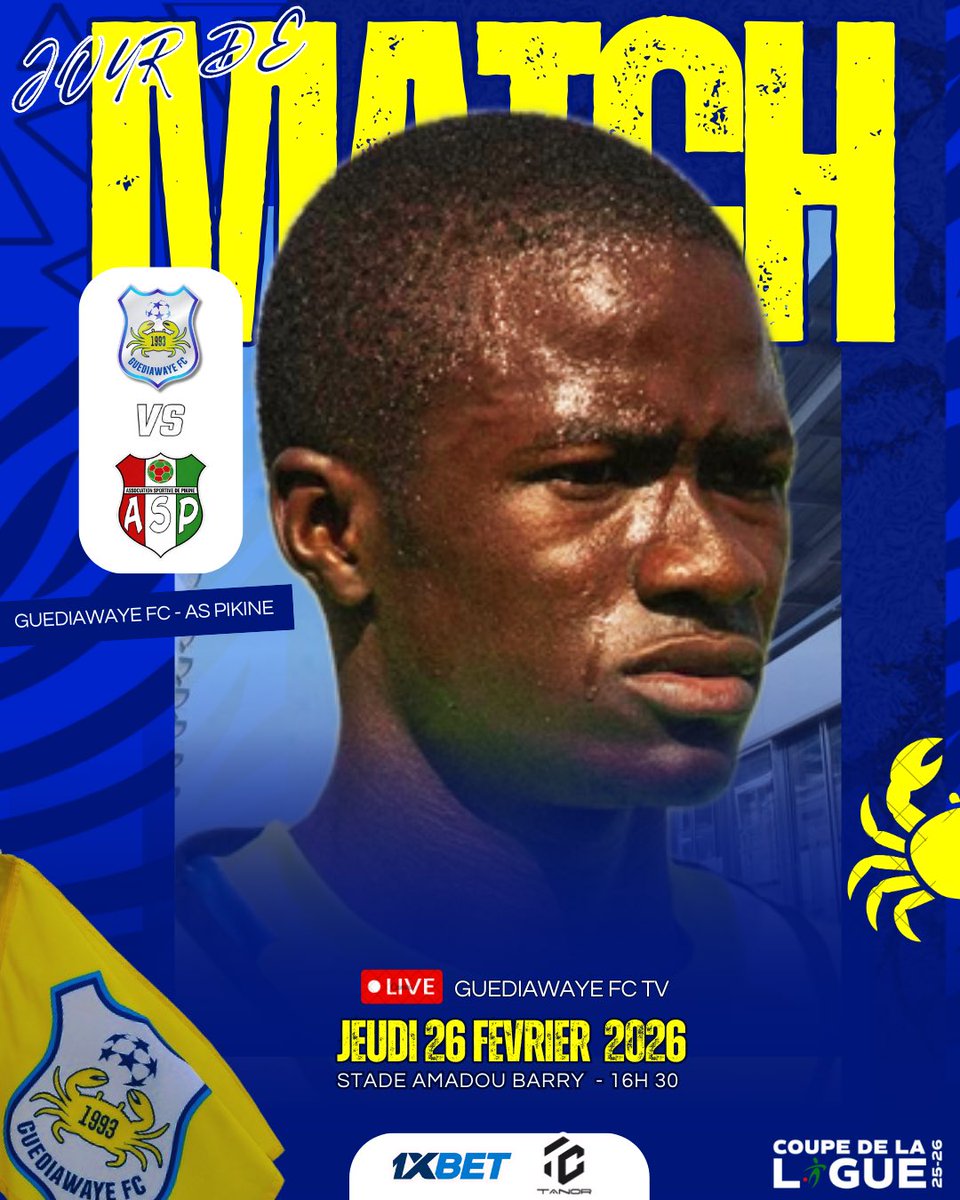 fc_guediawaye's tweet photo. Jour de Match 🟡🔵✌🏾

Le team entame ce soir une nouvelle compétition : la coupe de la ligue. Le derby de la banlieue au menu. Rendez vous au stade Amadou Barry cet après midi.

#guediawayefc #Coupedelaligue #AllezLesCrabes #GFCASP https://t.co/0ZexMmOaMo