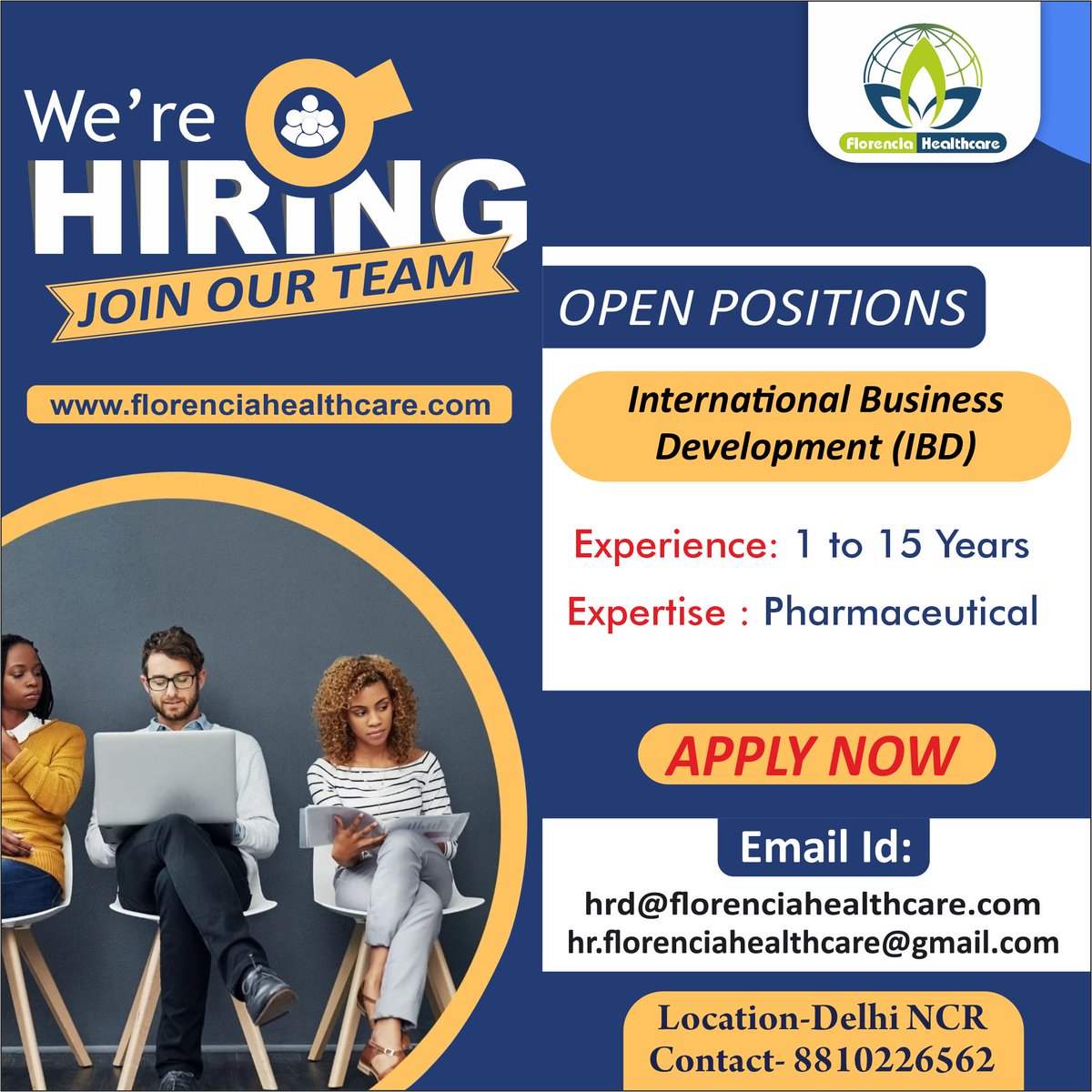 FlorenciaHealth's tweet photo. We’re hiring International Business Development (IBD) professionals in Pharma.

📍 Noida (Delhi NCR)
🧪 Experience: 1–15 years
📩 Send your CV: hrd@florenciahealthcare.com

#Hiring #PharmaJobs #IBD #BusinessDevelopment #NoidaJobs #DelhiNCRJobs #HiringNow https://t.co/EfKo03jGi3