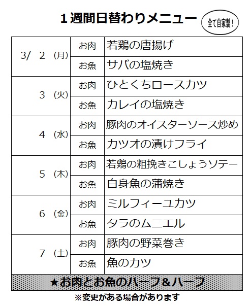 申し訳ございません💦
日付が違っておりました。
ひだまり亭の3月2日(月)～7日(土)の日替わりメニュー表を改めて、お届けします🍱  #朝霧 #ひだまり亭 #テイクアウト #ubereats #menu #自家製 #配達