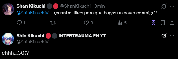 Bueno gente, ahora ya saben.
30 likes y hacemos que <a href="/ShinKikuchiVT/">Shin Kikuchi 🔴⚫ INTERTRAUMA EN YT</a>  saque nuevo cover

PD. siganme para actualizaciones xD