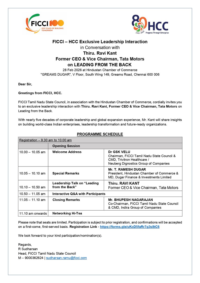 hindcham's tweet photo. ✨ Exclusive Leadership Talk ✨
Thiru. Ravi Kant, Former CEO &amp; Vice Chairman of Tata Motors, shares his journey of “Leading from the Back” — a powerful approach to navigating disruption and building future-ready enterprises. https://t.co/WW6iElvL27