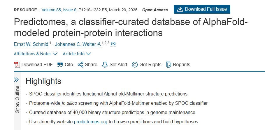 BioAI_Pharma's tweet photo. Predictomes, a classifier-curated database of AlphaFold-modeled protein-protein interactions
https://t.co/TdlcdlthXq
#Predictomes #BioAI #classifier #AlphaFold

Summary: Protein–protein interactions (PPIs) are fundamental to nearly all cellular processes, yet we still lack a comprehensive structural map of how proteins physically interact across the proteome. While AlphaFold-Multimer (AF-M) offers a powerful tool for predicting the structures of protein complexes, its built-in confidence metrics are not sufficient to reliably distinguish true biological interactions from false positive predictions—especially in large-scale, proteome-wide screens.

To overcome this limitation, the authors developed SPOC (Structure Prediction and Omics-informed Classifier), a machine learning–based approach trained on curated datasets. SPOC integrates structural prediction features with omics data to effectively classify AF-M predicted PPIs as likely true or false. Importantly, it performs well even in large-scale, high-throughput prediction settings.

The researchers applied SPOC to an all-by-all interaction screen of nearly 300 human genome maintenance proteins, generating approximately 40,000 predicted protein complex structures. These predictions are publicly accessible at https://t.co/w6KFgEMd8n, where users can also evaluate their own AF-M predictions using the SPOC scoring framework.

High-confidence PPIs identified through this approach provide a valuable resource for hypothesis generation in genome maintenance research. More broadly, this work establishes a scalable framework for interpreting large-scale AlphaFold-Multimer screens and advances the goal of building a proteome-wide structural interactome.