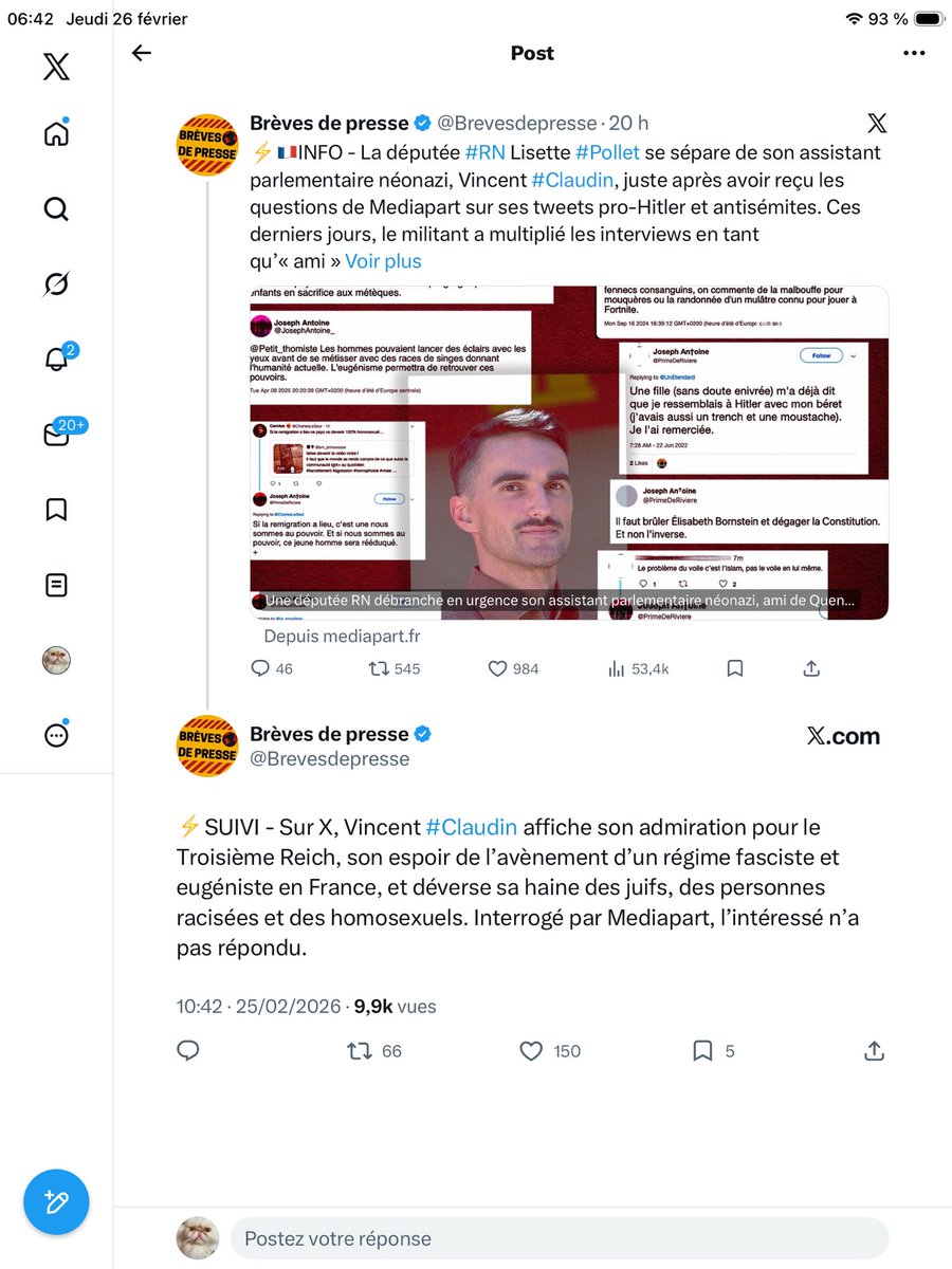 Et devinez qui ouvre encore son clapet pour y déverser sa haine gratuitement ? Si toi tu cautionnes des propos antisémites, homophobes, racistes, de glorification  à l’homme à la moustache, c’est ton problème 
En tout cas, au #RN c’est non 

Pauvre type