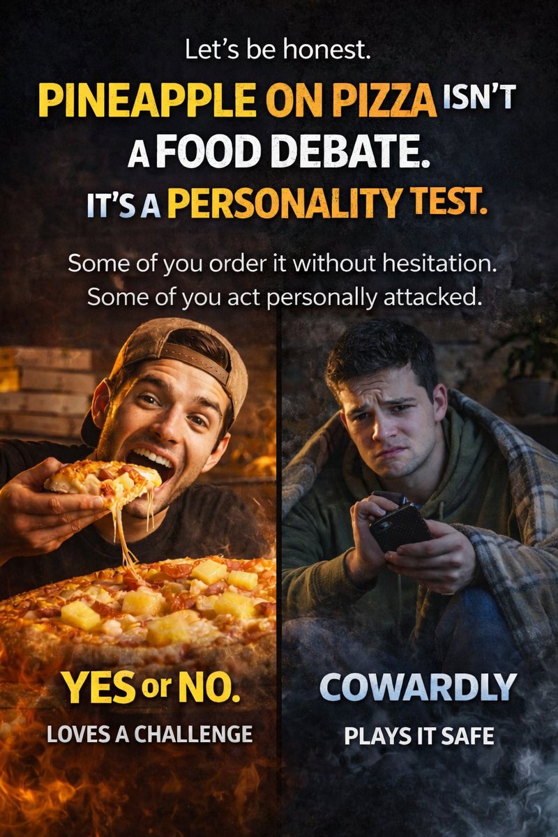 hotdebates_app's tweet photo. Let’s be honest.

Pineapple on pizza isn’t a food debate.
It’s a personality test.

Some of you order it without hesitation.
Some of you act personally attacked.
It’s not about toppings.
It’s about who you are.

YES or NO.
https://t.co/zOhbaPCjlx

#PineappleOnPizza #HotTake #FoodTwitter #TeamYes #TeamNo