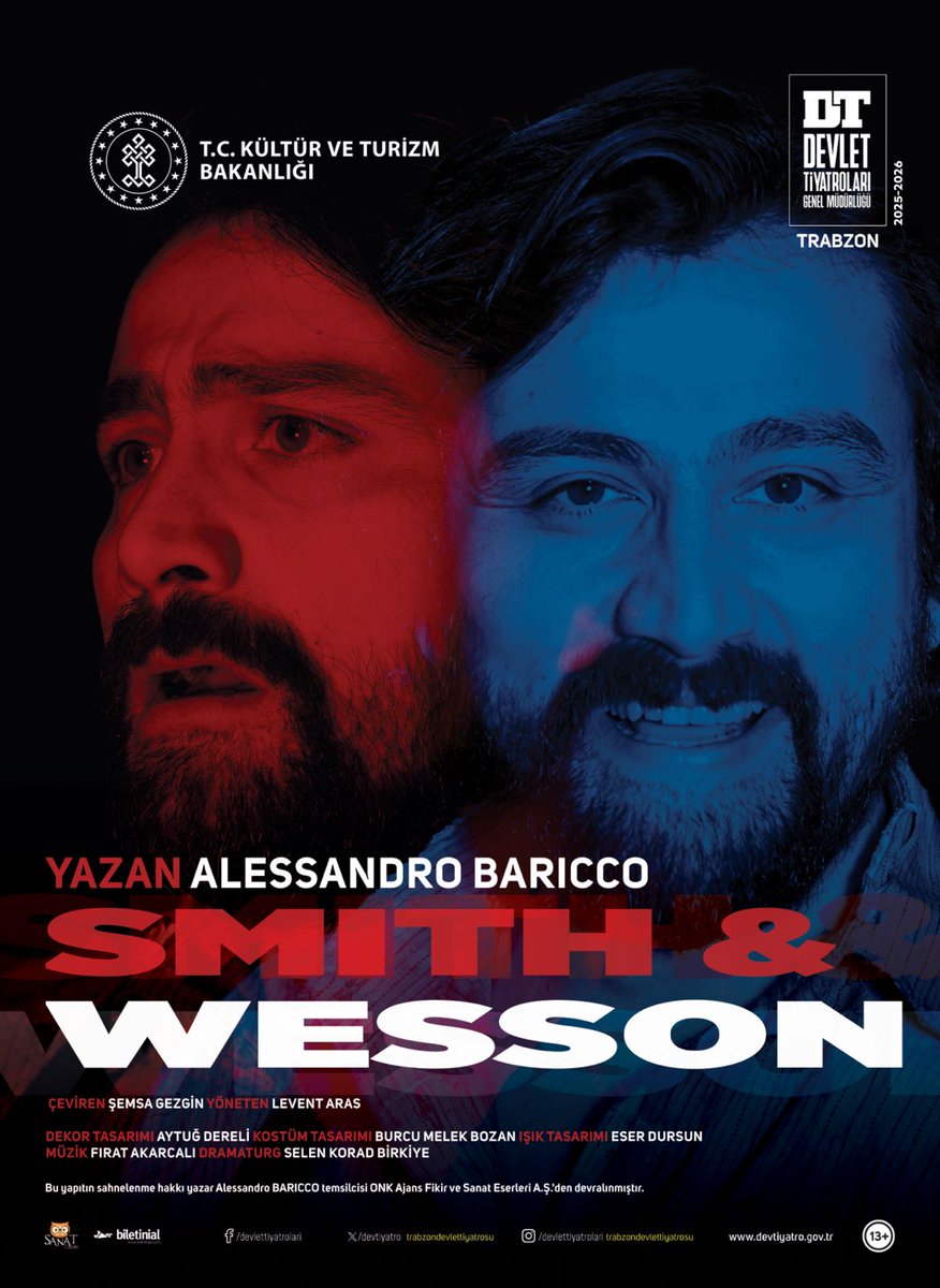 SMITH &amp; WESSON 
TRABZON DT
Büyük Oyunu
13+
1 Perde - 1 saat 15 dakika
Yazan Alessandro Baricco
Çeviren Şemsa Gezgin
Yöneten Levent Aras

OYUNCULAR:
Wesson Oğuzhan Asak
Smith Faik Gürbüzlü
Rachel Sıla Ömeroğlu
Mrs. Higgins Derya Hatipoğlu Çokyiğit