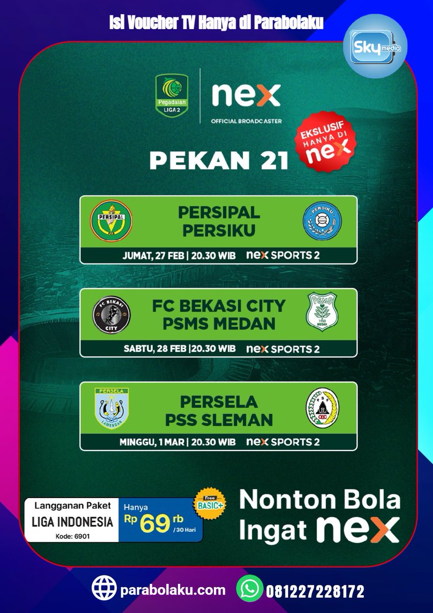 Tunggu apa lagi? Jadwal Liga 2 udah keluar nih! Gass langsung dukung tim kebanggaanmu!
Info &amp; order di :
👉WA AI Agent (Respon Instant) : wa.me/6287838575758
👉 WA CS &amp; Sales (Bantuan Manual) : wa.me/6281227228172
👉 Kunjungi kami : parabolaku.com