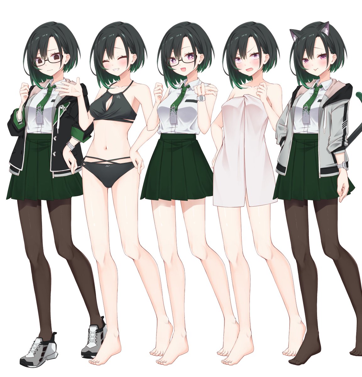 制服姿3段階で靴とタイツ脱げます!
バスタオルと水着姿あります!
眼鏡と猫耳としっぽそれぞれつけれます!
ハダカニデキマス 