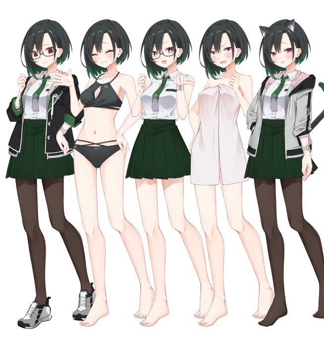 制服姿3段階で靴とタイツ脱げます! バスタオルと水着姿あります! 眼鏡と猫耳としっぽそれぞれつけれます! ハダカニデキマス