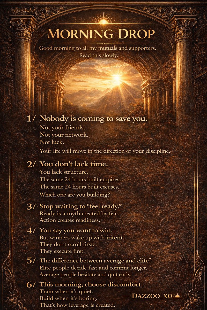 Pleasant morning to all my mutuals and supporters.

Read this slowly.

Nobody is coming to save you.

Not your friends.
Not your network.
Not luck.

Your life will move in the direction of your discipline.