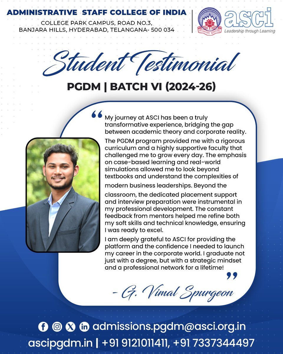 ascipgdm's tweet image. Mr. G. Vimal Spurgeon, PGDM Batch VI (2024–2026), shares his enriching learning journey at ASCI and the key experiences that shaped his academic and professional growth 🎓.
#ascipgdm #studenttestimonial #pgdmjourney #ascihyderabad #pgdm2026 #campusexperience #pgdmplacements