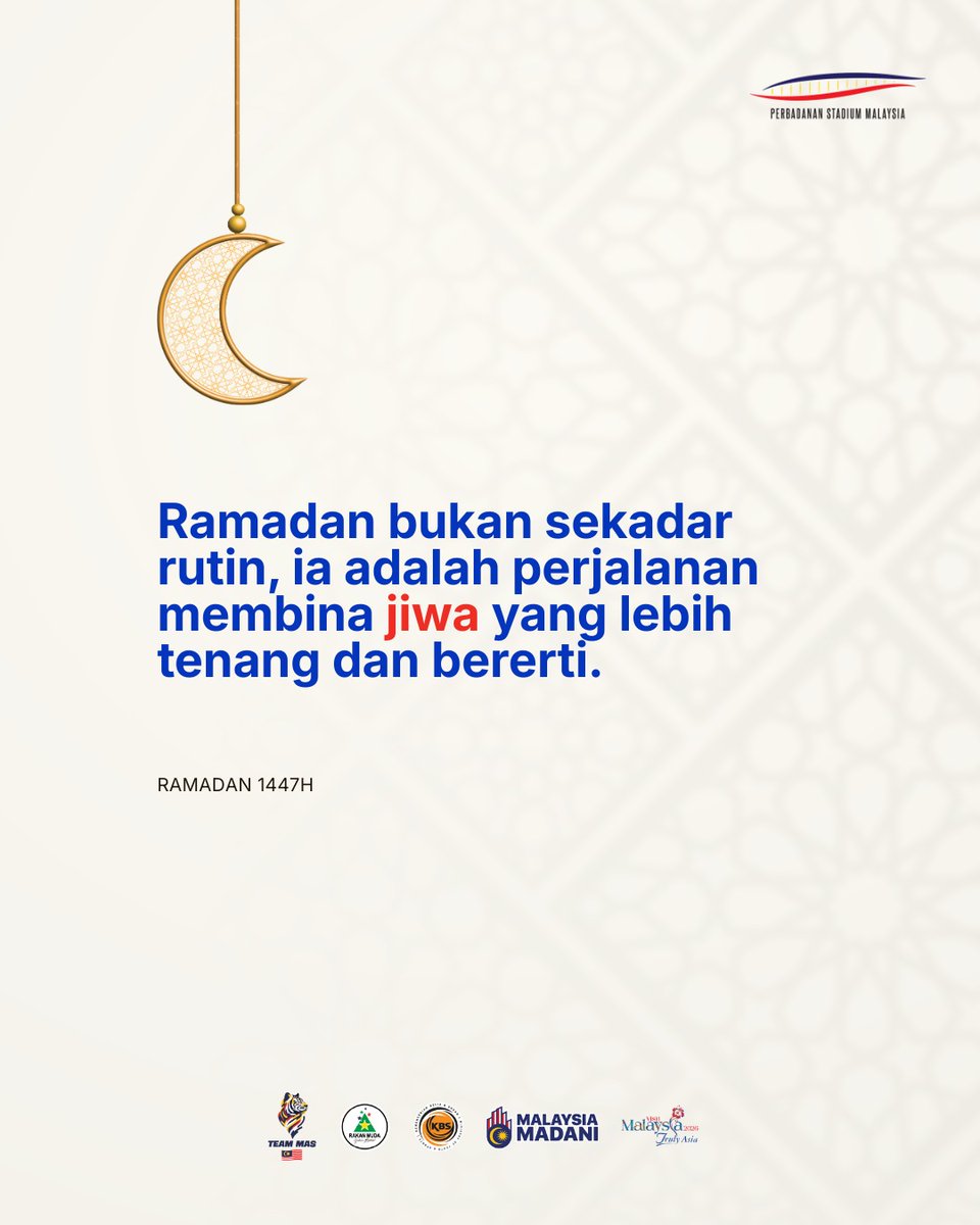 StadiumMalaysia's tweet photo. 🌙✨

Ramadan bukan sekadar rutin, ia adalah perjalanan membina jiwa yang lebih tenang dan bererti.

Semoga setiap langkah sepanjang bulan ini mendekatkan kita kepada kebaikan, memperhalus akhlak dan memperkukuh keimanan.

#PSM #StadiumMalaysia #Ramadan1447h https://t.co/PXrOJpv0zG