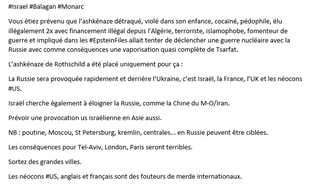 andreileterrib1's tweet photo. #Israel #Balagan #Monarc

Vous étiez prévenu que l’ashkénaze détraqué, violé dans son enfance, cocaïné, pédophile, élu illégalement 2x avec financement illégal depuis l'Algérie, terroriste, islamophobe, fomenteur de guerre...

https://t.co/Vzj3aOSafq
https://t.co/fa9wF3g7lP https://t.co/YbFAVBly9d