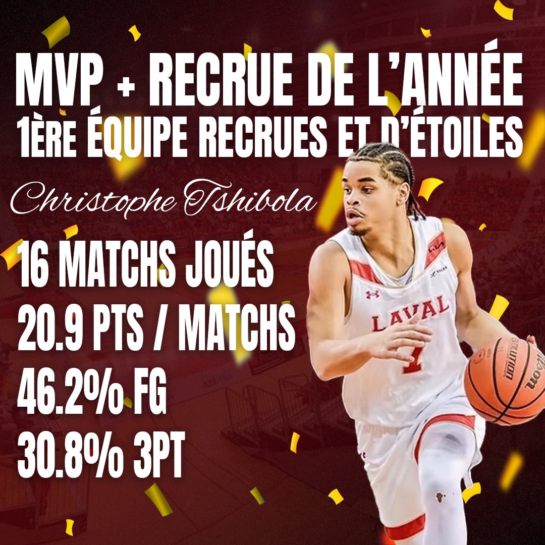 MediaSportsQC's tweet photo. Une saison incroyable pour le joueur de première année du @rougeetor 🔥 

#GoLaval #RSEQ #USports #RougeEtOr #Basketball https://t.co/X0s28WIhS9