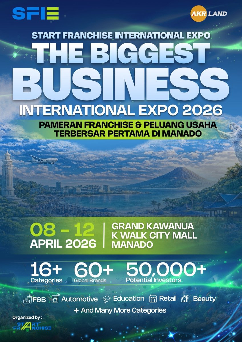 Pameran franchise dan peluang usaha terbesar pertama di Manado Start Franchise International Expo 2026!
Save the date
🗓️ 9-12 April 2026
📍 Grand Kawanua K-Walk City Mall, Manado

🔥Tentukan masa depan bisnismu disini!
More info :
- startfranchise.id 
- <a href="/infofranchise/">Objectif Franchise</a>.sfie