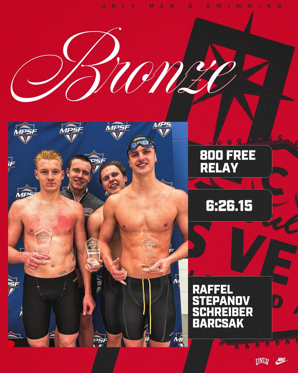UNLV_Swim_Dive's tweet photo. That’s a bronze medal🥉for the Rebels’ 800 free relay team (6:26.15)😎
#JustGoOff https://t.co/ewzGUSsBCg