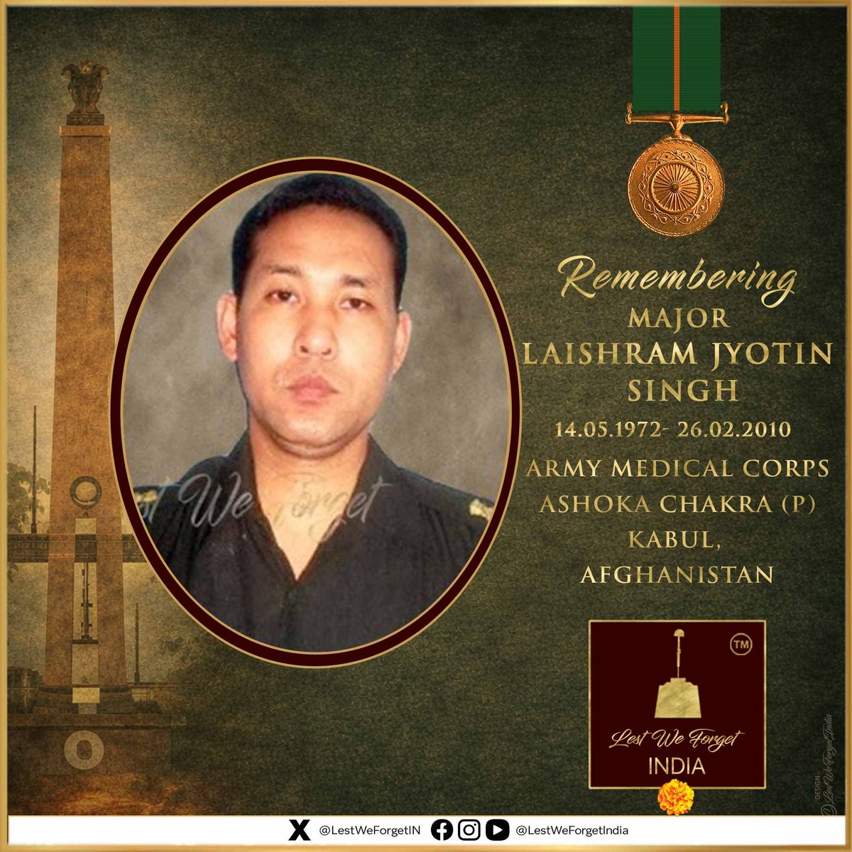 LestWeForgetIN's tweet photo. A #BravestOfTheBrave remembered 🏵️

#LestWeForgetIndia🇮🇳 Major Laishram Jyotin Singh Ashoka Chakra (P) made the supreme sacrifice fighting terrorists and saving fellow doctors during an attack on #ArmyMedicalCorps mission at Kabul, Afghanistan #OnThisDay 26 February in 2010

16 years on, we remember Maj Singh - his valour, service and supreme sacrifice.