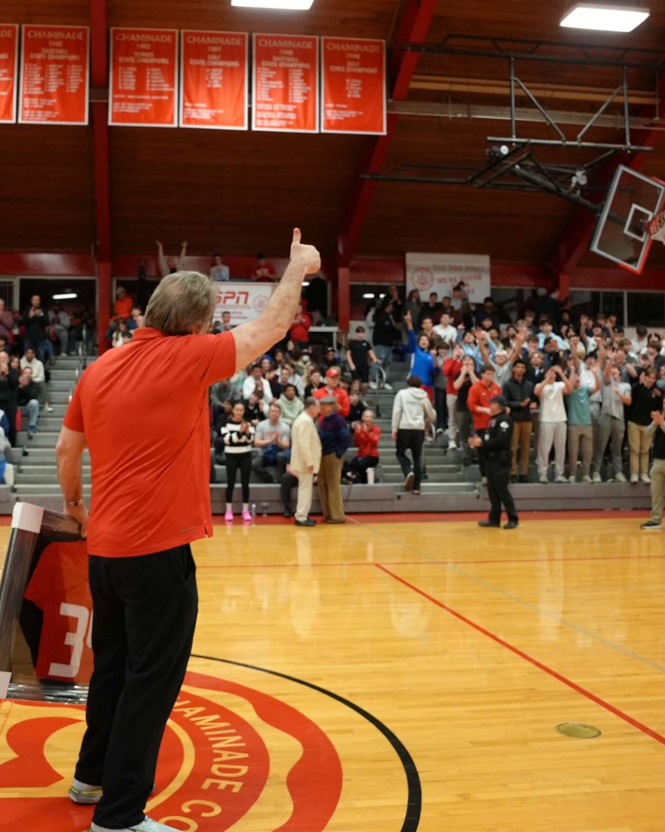 WeAreChaminade's tweet photo. During tonight's basketball victory over Webster Groves, we took a moment to celebrate the man, myth, and legend that is Principal Phil Rone as he enters the home stretch of a 34-year career at Chaminade. #SoldierOn #EstoVir https://t.co/RfAHIsBhTp